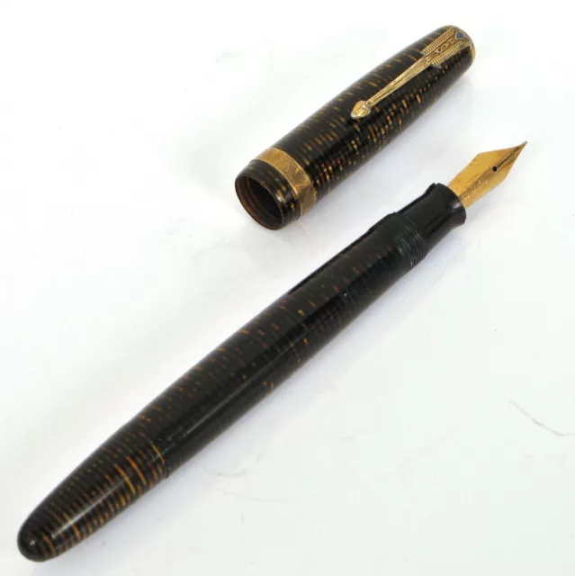 Vintage Parker Fountain Pen Brown Celluloid Vacumatic 5 14K Gold Nib Nice !