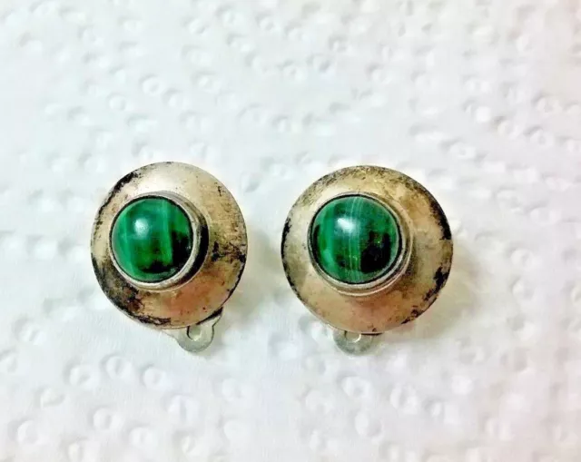Vintage sterling earrings malachite stones Clip-on