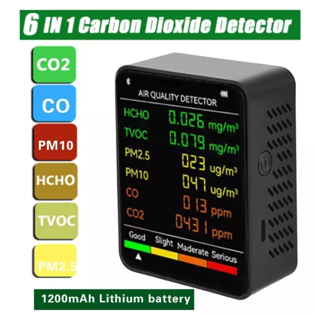 Portable 6 in 1 Air Quality Monitor CO2 HCHO TVOC PM2 5 PM10 CO Level Control