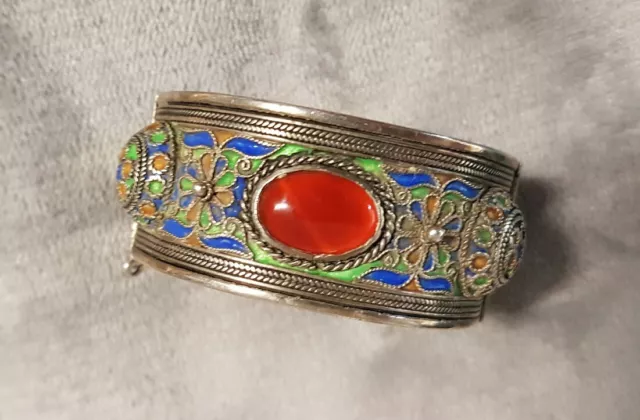 Bracelet jonc argent massif ethnique/ berbère émaillé pierre cabochon RefV325