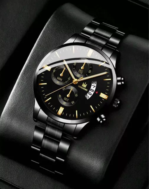 Men's Luxury Business Watch with Stainless Steel Strap Black & Gold Quartz  UK