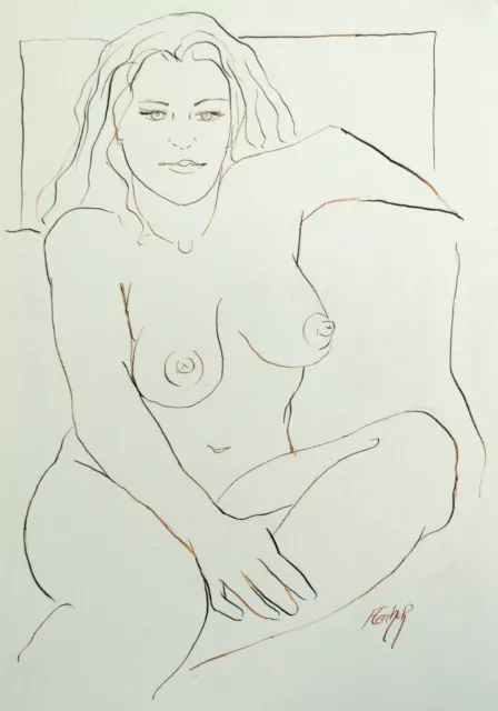 NEW YEARS DAY Pen & Ink Drawing Beautiful Female Nude Seated For The First Time