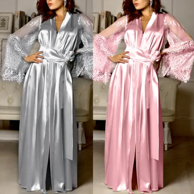 Women Satin Long Nightdress Silk Lace Lingerie Nightgown Sleepwear Sexy Robe