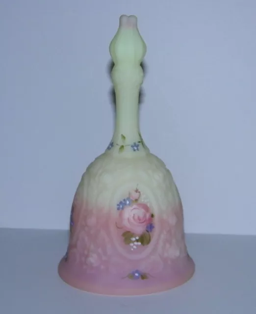 Fenton Burmese Bell Medallion Mirror Panel Flowers Embossed Rose Bud Finial GLOW