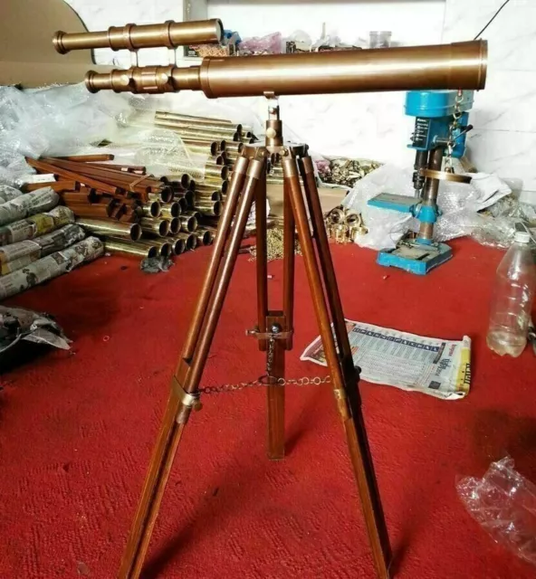 Nautical Telescope With Wooden Tripod Stand Solid Brass Antique Telescope