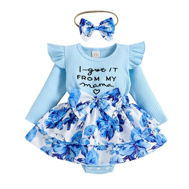 2PCS Newborn Baby Girls Floral Ribbed Romper Dress Headband Set Outfit Clothes 12