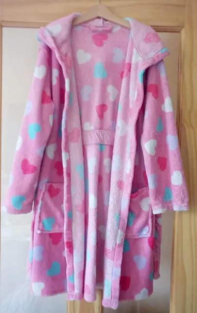 Girls age 9-10 Dressing Gown George Pink Soft Fleece Bath Robe Hearts Nightwear