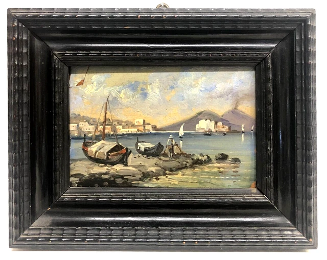 PICCOLO QUADRO OLIO MARINA VEDUTA SOUVENIR di Napoli  Vesuvio GUILLOCHE' '800