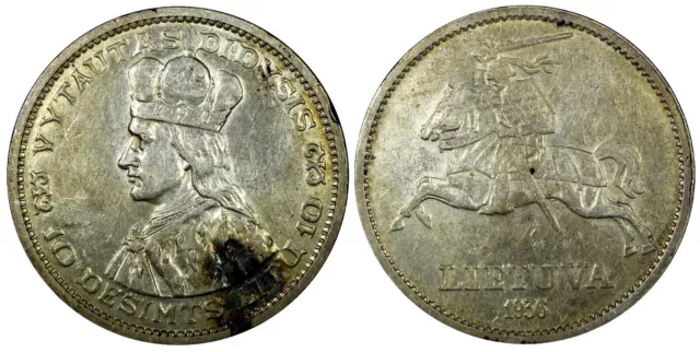 LITHUANIA Silver 1936 10 Litu Crowned Vytautas 32mm Toned KM# 83 (24 347)