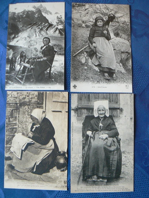 Lot 4 Cartes Postales Anciennes Vieilles Dames : Fileuses, Mere Roulet ...