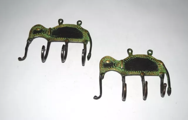 Tribal Elephant Hook Brass Pair of Wall Hooks Dec 3 In 1 Style Coat Hanger EK485