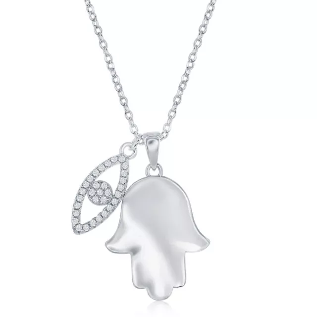 Sterling Silver Shiny Hamsa with CZ Evil Eye Necklace