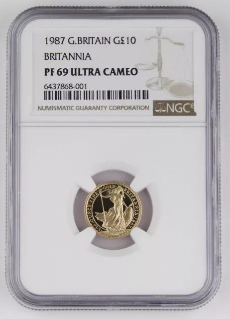 Great Britain UK 1987 BRITANNIA 1/10 Oz Gold £10 Pound Proof Coin NGC PF69 UC