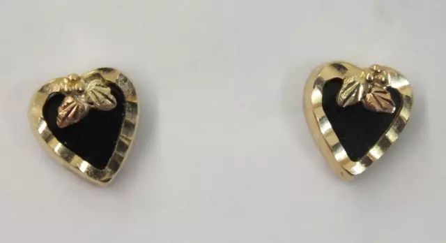 Landstrom's Black Hills Gold Hearts w/ Leaves 10k Gold & Onyx Earrings Pierced