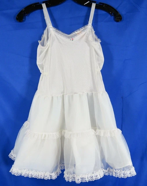 Vintage JCPENNEY'S White Nylon FULL SLIP Tiered Ruffles LACE TRIM Little Girls 8