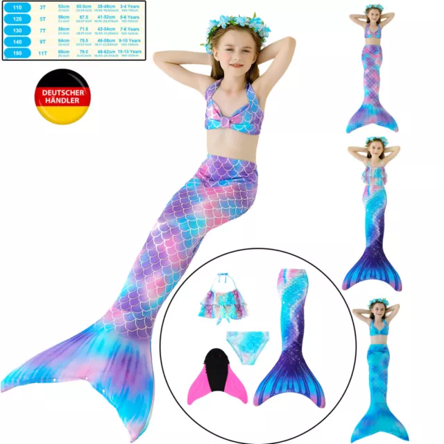 Kids Mermaid Tail Swimming Costume Swimmable Bikini Set Monofin Swimsuit Girls