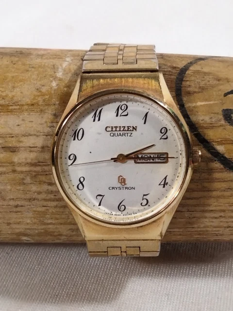 Citizen CQ Quartz Crystron Wrist Watch Gold Tone Day/Date UNTESTED Citizen CQ Quartz Crystron Wrist Watch Gold Tone Day/Date UNTESTED