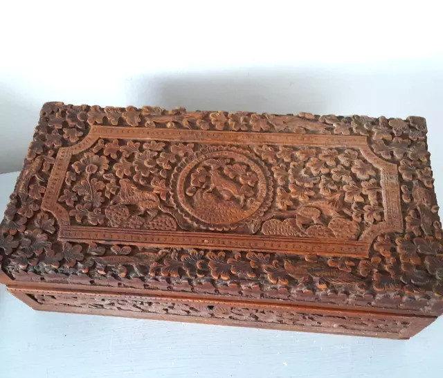 Well Carved Antique Indian / Kashmiri CarvedJewellery Box Tigers & Birds