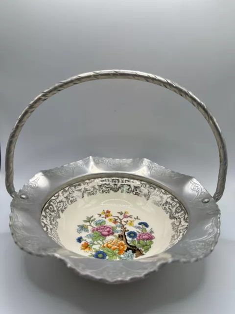 Farber & Shlevin Bowl Hammered Aluminum Hollowware & Porcelain Basket Handle 6"