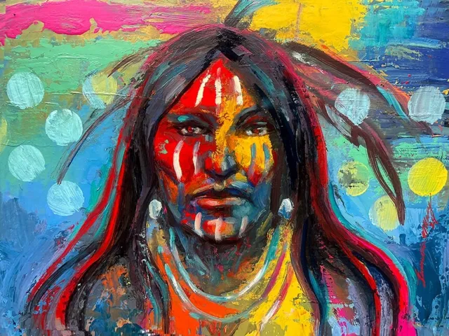 Original painting Native American Indian Cree Warrior WESTERN ART Santa Fe 12x16