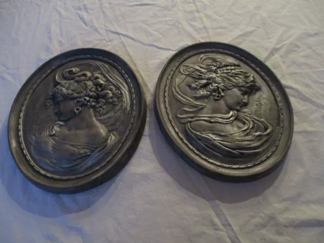Pair of Vintage Wall Plaque Relief Cameo Style Victorian Woman 11”Tall Excellent
