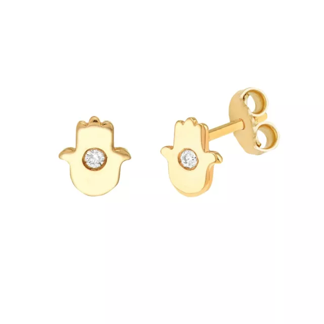 Diamond Hamsa Hand Stud Earrings Solid 14K Yellow Real Gold Ear Studs Women