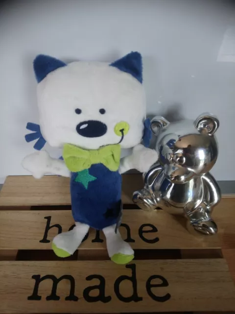 Peluche doudou chat blanc bleu étoile verte noeud Orchestra en etat neuf