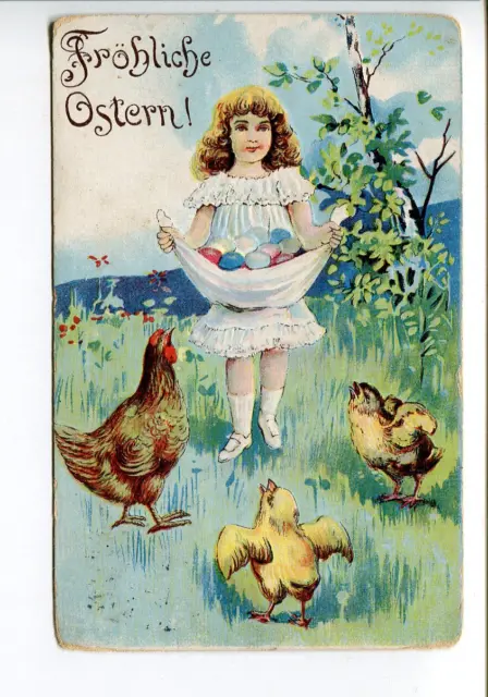 Fröhliche Ostern AK 1911 : Mädchen sammelt Ostereier, Henne und Küken,Prägekarte