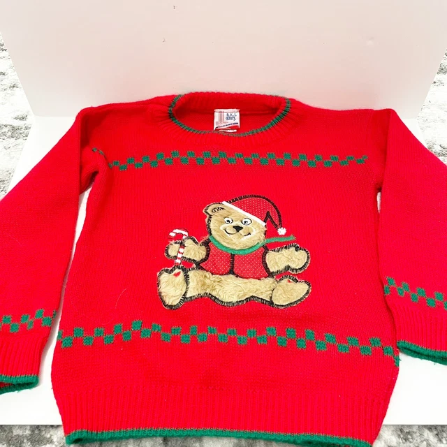 vintage BKI knits christmas sweater kids boys girls red fuzzy not ugly