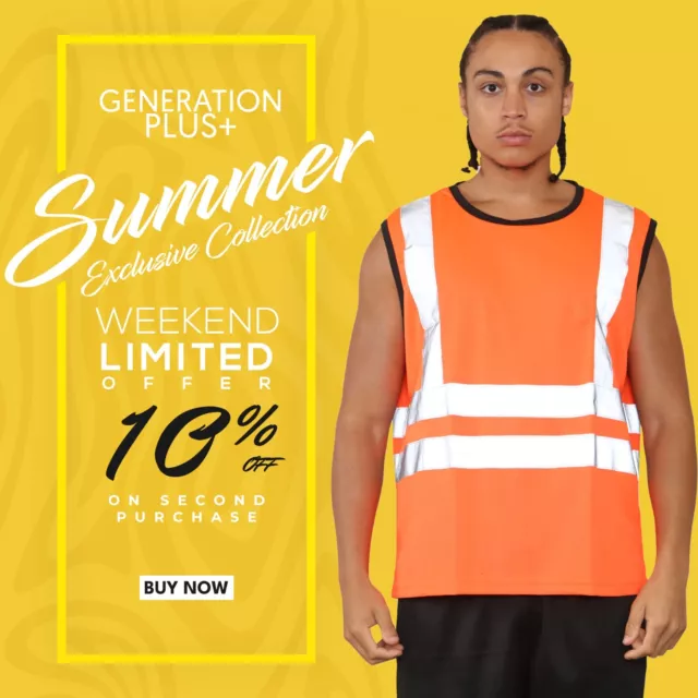 Hi Vis Viz Work Utility Sleeveless Round Neck T-Shirt Warning Tank Top Vest