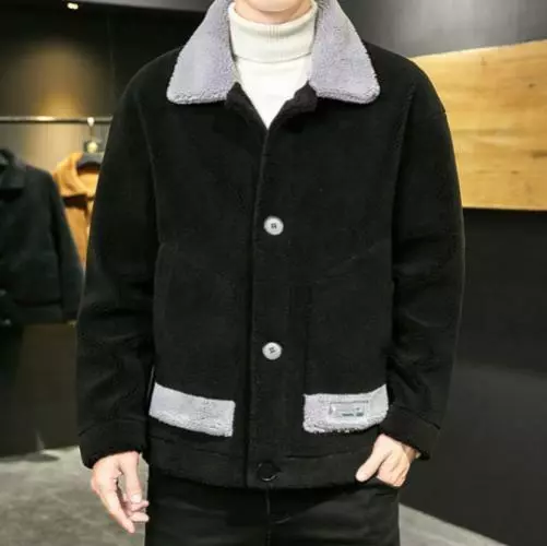 Mens Winter Warm Faux Lamb Fur Jackets Coats Lapel Collar Button Outwear Parka