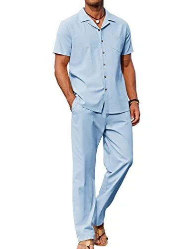  Men 2 Piece Linen Outfit Beach Button Down Shirt Casual Loose Pant Sets
