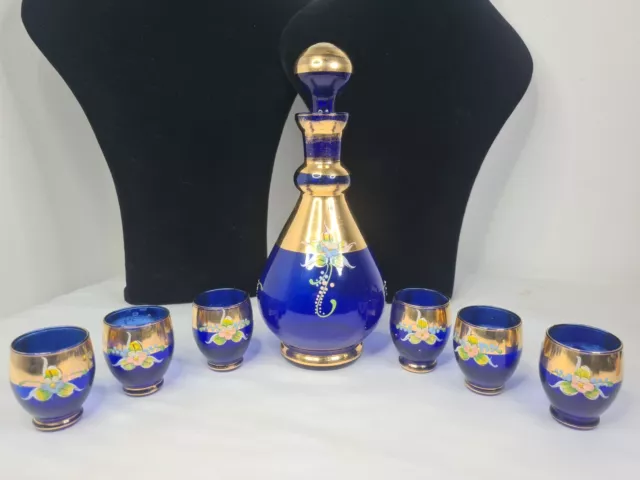Bohemian Cobalt Blue Glass Gold Painted Cordial Set Decanter & Shot Glasses 2