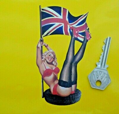 Pin-Up Girl Tyre with Union Jack Flag Classic Race Car Bike Sticker 5" Retro