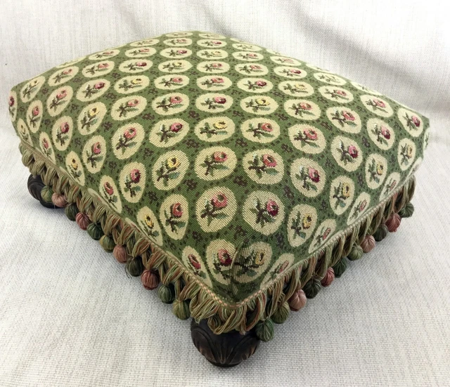 Antique Style Footstool Upholstered Petit Point Trellis Passementerie Trim Stool