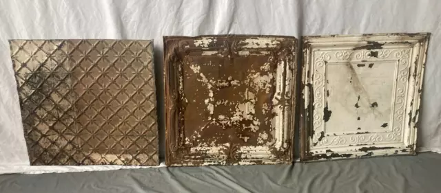 Lot of 3 Antique Tin Ceiling  2' x 2' Shabby Tile 24" SQ Chic VTG Crafts 65-23A