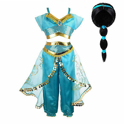 Kids Girls Aladdin Costume Princess Jasmine Outfit Sequin Party Fancy Dress