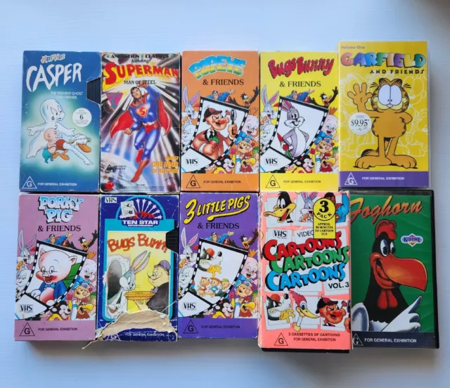 Vintage Cartoons Looney Tunes Superman Popeye Garfield Casper Bulk Lot VHS x 10