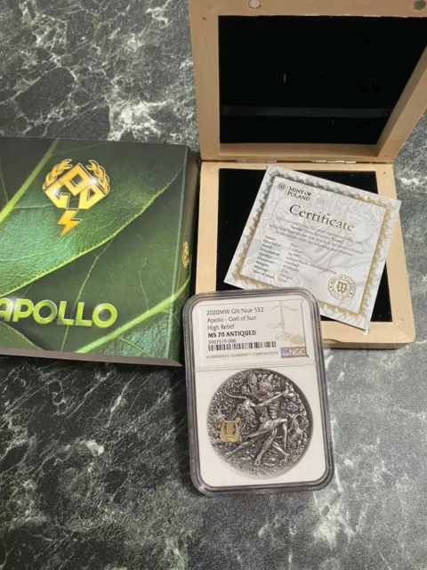 APOLLO GOD Of THE SUN GODS 2020 NIUE 2oz SILVER HIGH RELIEF COIN NIUE 2020 MS70