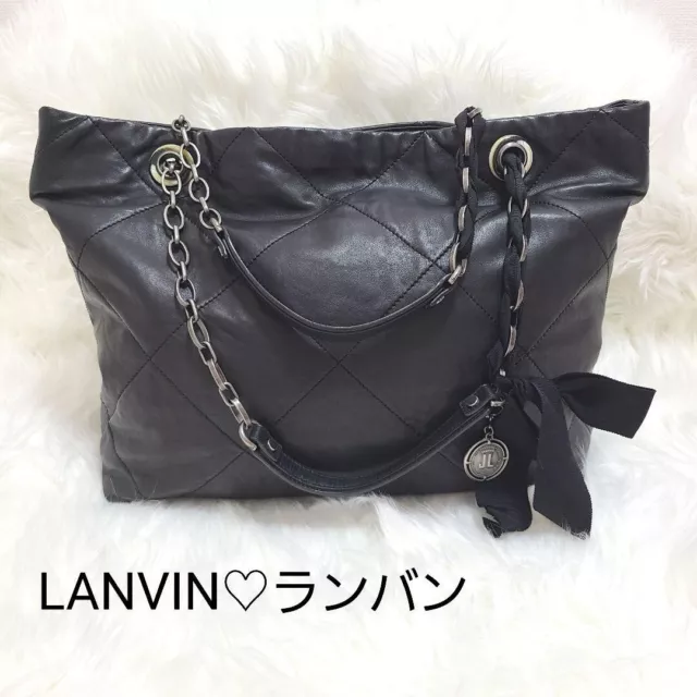 LANVIN Quilted Leather Happy Chain Shoulder Tote Bag Black USED Ships From Japan
