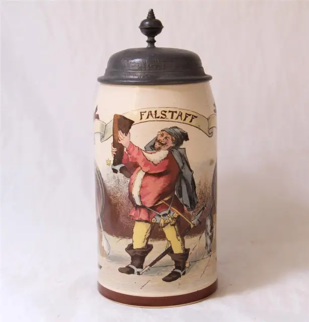 Antique Mettlach Villeroy&boch Bière Stein #1909/983 Pug Falstaff W/ Botte C.