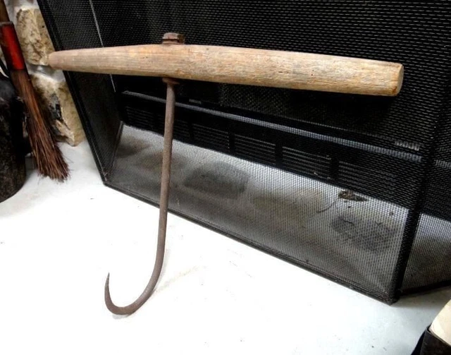 antique LARGE WROUGHT IRON HAY HOOK w/WOOD HANDLE amish farm tool,lancaster pa