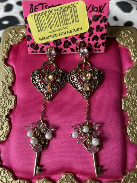 Betsey Johnson Love Birds Pink Crystal Gold Heart Lock Key Pearl Earrings RARE