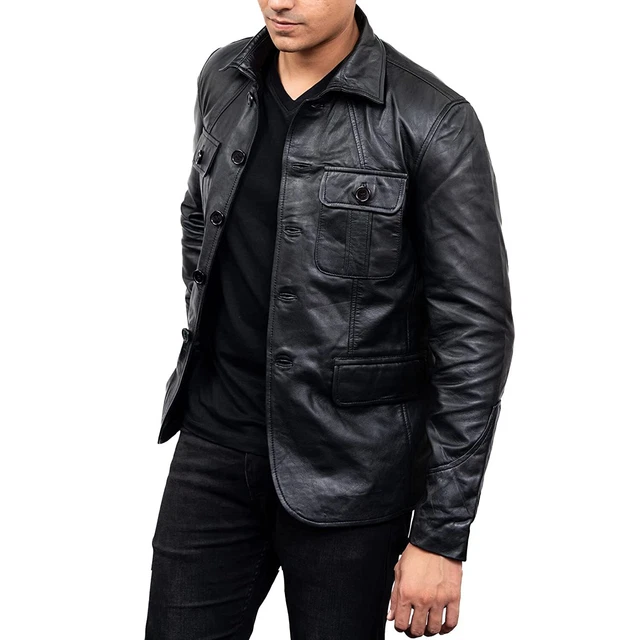 Blazer Coat Black Motorcycle Men's Vintage Top Real Leather Jacket