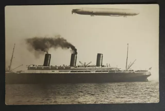 Postcard German Hansa Zeppelin Blimp Airship RPPC with Steamship Photo Verlag