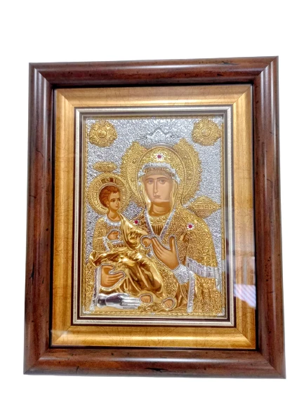 Icône - Icône De La Vierge Marie Et De L'Enfant Jésus  Christ  En 925 Argent 925 Bois