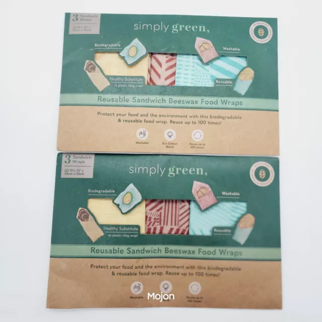2 paquetes de envolturas de alimentos de cera de abejas sándwich reutilizables simplemente verdes biodegradables, 3 unidades