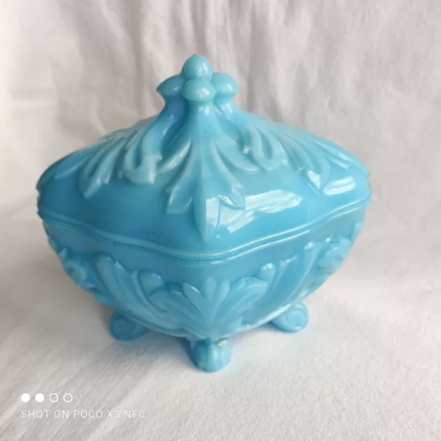 Portieux Vallerysthal Blue Opaline Milk Glass Lidded Dish Covered