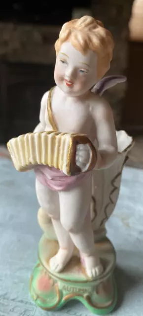 Vintage Hal-Sey Japan Bisque Cherub Bud Vase Figurine w/ Accordian Autumn 6"