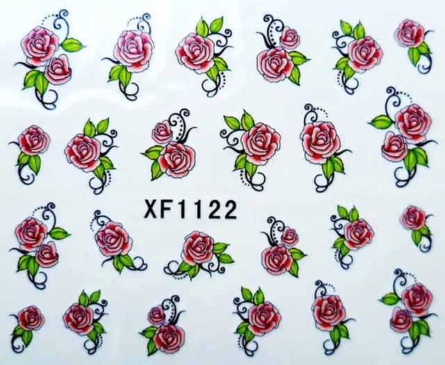 Red Roses One Stroke Water Transfers Nail Art Stickers Decals Tips Decoration 2